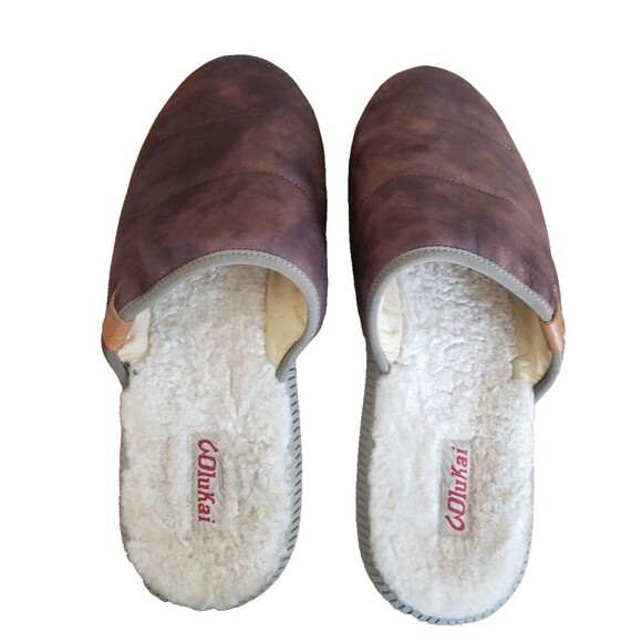 OluKai Mua \'Ili Men\'s Brown Leather Slipper  Fur Lined US Size 12 main image 4